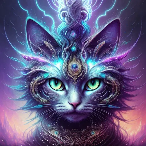 galactic cat with a lot of hair on it's head, third eye, staring at something in the distance, intricate details,  electric, fantasy art, Anato Finnstark, emulsion painting, highly detailed, misty
rutkowski, hdr, hyperdetailed, rim light, faded, dim