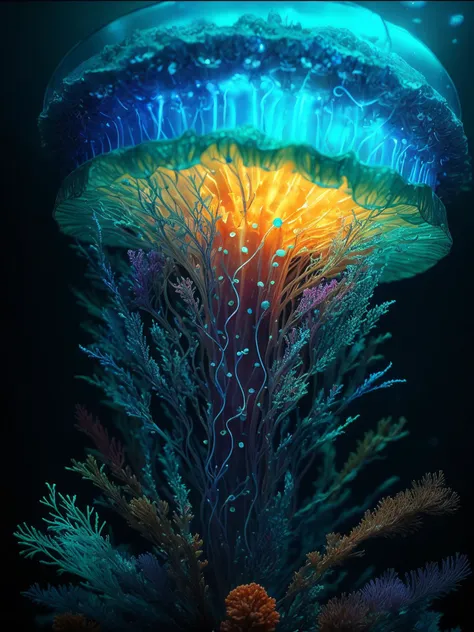 under water, intricate details, macro shot glowing jellyfish,corals, bulbs, luminance, (neutral colors:1.2), hyperdetailed, cinematic, complex background