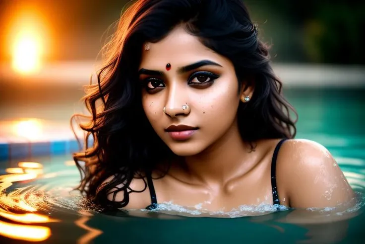 photo of indian young woman , photorealistic , hdr , modren  , two tone ,  rim lighting,  night, dark ,  makeup , smoky eyes , bathing in a pool , submerged in water , detailed face , realistic skin, photoshoot , wavy hair , fog , warm tone , lens flare