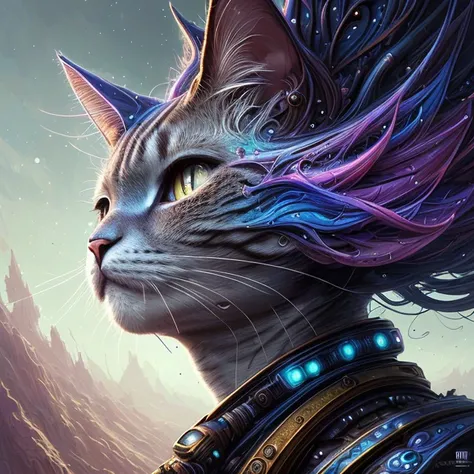 a galactic cat with a lot of hair on it's head, staring at something in the distance, Android Jones, highly detailed digital painting, wet paint, fantasy art, oil painting
rutkowski, hdr, intricate details, hyperdetailed, cinematic, rim light