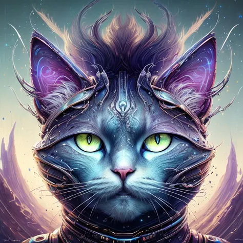 a galactic cat with a lot of hair on it's head, staring at something in the distance, Android Jones, highly detailed digital painting, wet paint, fantasy art, oil painting
rutkowski, hdr, intricate details, hyperdetailed, cinematic, rim light