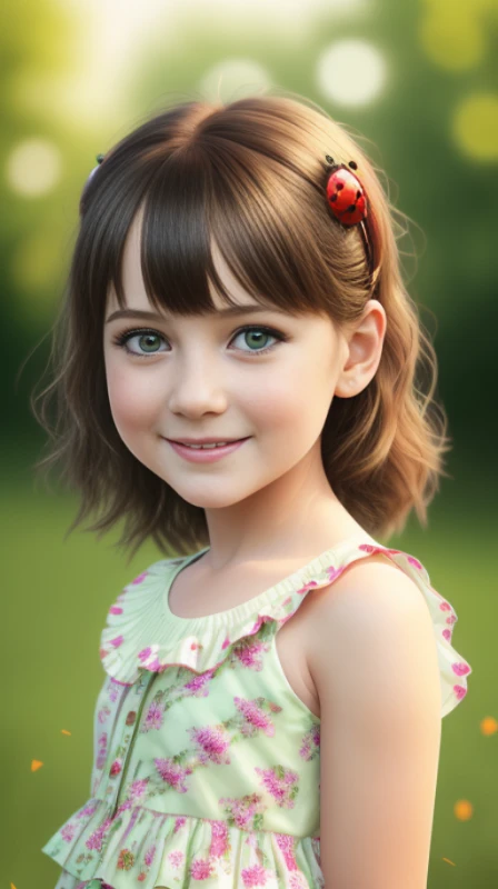 best quality, ultra high res, detailed face, realistic face,RAW photo, 
a park, standing, european girl,   girl 3 years  face, smile, Brown hair, detailed hair, short hair, shoes, baby shoes, dress, summer_dress, <lora:hauteCoutureSummer_v10:0.4>, simple dress, light bright dress, cute baby dress, flodress, (cheerful, energetic, happy:1.4), green eyes, hair small clip with ladybug, 
(hdr:1.4), dramatic, complex background, cinematic, filmic, (rutkowski, artstation:0.8),
insane details, intricate details, hyperdetailed, low contrast, soft cinematic light, exposure blend, hdr ,