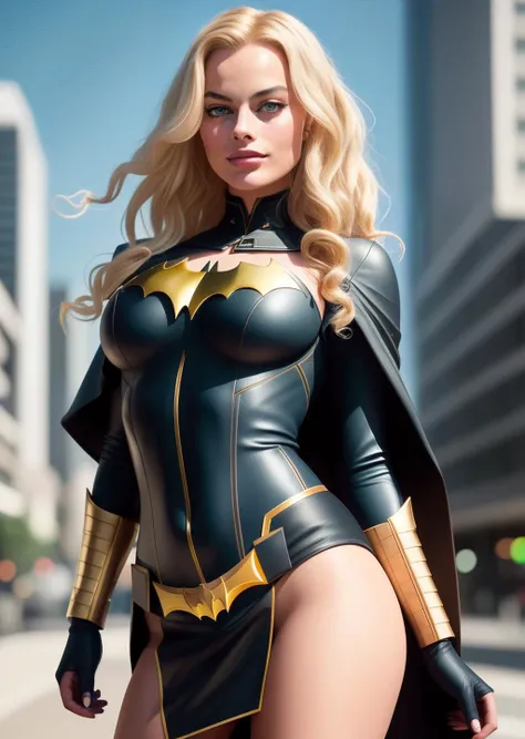 Margot Robbie, skirt, batman cosplay, (big breasts), lush ass, in superhero pose, shot on dslr, blonde long curly hair, smile, detailed face, cinematic, maximum detail, neutral colors, hdr, muted colors, soft cinematic light, crazy detail, intricate detail, hyperdetail, masterpiece, 8k, wallpaper, (detail), hdr, high quality, ((high skin detail, skin detail)), sharp focus, 8k uhd, dslr, high quality, film grain