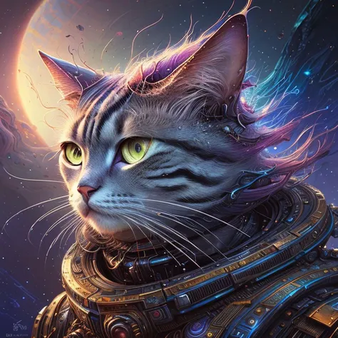 a galactic cat with a lot of hair on it's head, staring at something in the distance, Android Jones, highly detailed digital painting, wet paint, fantasy art, oil painting
rutkowski, hdr, intricate details, hyperdetailed, cinematic, rim light