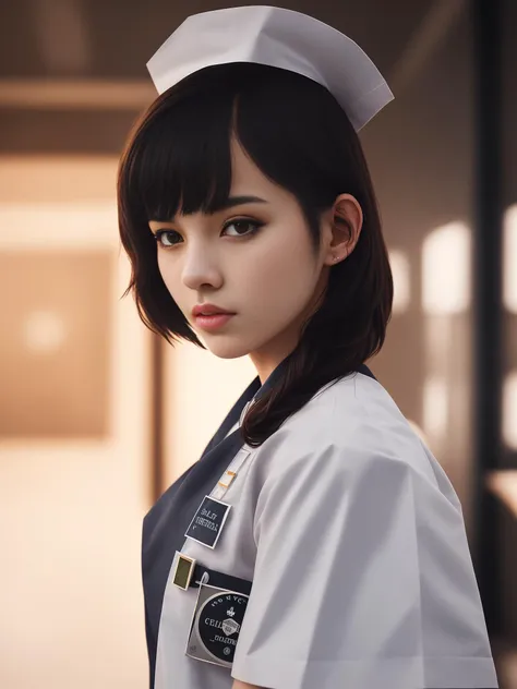 cinematic shot, centered, cinematography, intricately detailed, crafted, meticulous, magnificent, maximum details, extremely hyper aesthetic, realistic, (((1girl, solo))), 18age, short hair, black hair, (((center))), nurse uniform,