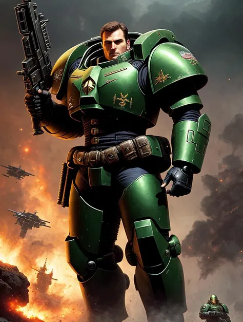 spacemarine <hypernet:SpaceMarine:1>, green armor, dark atmosphere, battlefield, art by Roberto Cavalli, Franz Karl Basler-Kopp, Gabriel Metsu, Edwin Dickinson, Dorning Rasbotham, Ruan Jia
