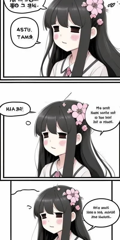 4-koma, ..., 1girl, 4koma, bangs, blush, closed_eyes, closed_mouth, comic, english_text, eyebrows_visible_through_hair, flower, greyscale, hair_flower, hair_ornament, korean_text, long_hair, speech_bubble, spoken_ellipsis, zzz