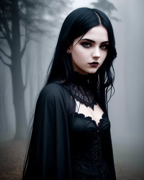 attractive gothic girl, gothic aesthetics, dark blue, fog, haze, shadows, lighting effects, mysterious appearance, high contrast, stone cave walls in the background, detailed face, ultra detail, hyperrealism,