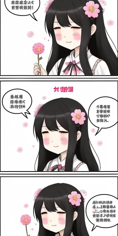 4-koma, 1girl, 2koma, anger_vein, black_hair, blush, blush_stickers, cherry_blossoms, chinese_text, comic, empty_eyes, facial_mark, flower, hair_flower, hair_ornament, jitome, korean_text, long_hair, pink_flower, speech_bubble, suspenders, tattoo, thought_bubble