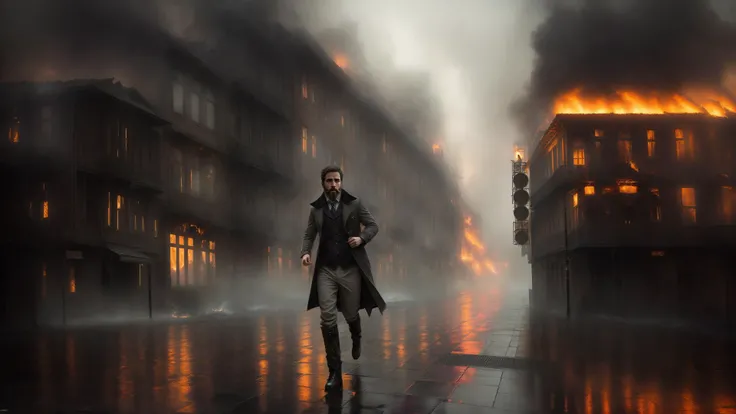 epic realistic, epic atmosphere, empty steampunk street, master shot, shallow focus shot, rain, rain drops on image, (burning buildings on background:1.3), (hdr:1.3), intricate details, (rutkowski:1.3), (muted colors:1.5)