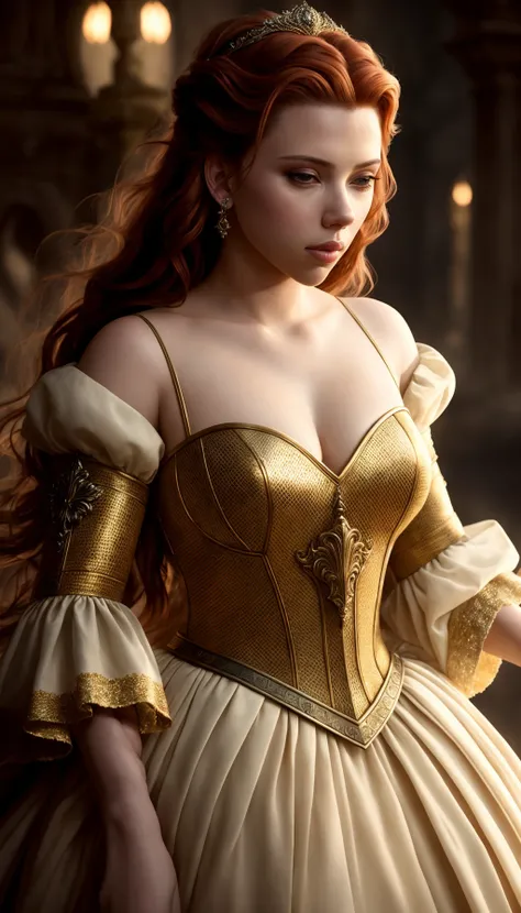 Highest quality, photorealistic, a beautiful cinematic masterpiece portrait of Scarlett Johansson as an princes of a medieval phantasy world,  photorealistic physiognomy, photorealistic skin,  photorealistic musculature,  photorealistic body,  photorealistic lighting, sexy clothes, hyper detailed, cinematic composition, dramatic pose, abundant|intricate details, smooth, sharp focus, professional lighting, photorealistic volumetric lighting,  photorealistic subsurface dispersion on skin|clothing|hair, 8k, highly detailed, UHD, HDR