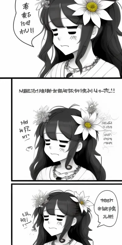 4-koma, 4koma, :t, bangs, blush, closed_eyes, closed_mouth, comic, eyebrows_visible_through_hair, flower, greyscale, hair_flower, hair_ornament, heart, jewelry, long_hair, monochrome, necklace, one_side_up, smile, spoken_blush, spoken_heart, spoken_musical_note, squiggle, white_flower