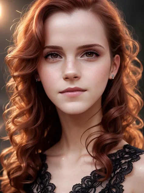 emma watson, (elegant, beautiful face), curly red hair, (cheeky smile:0.9), pale skin, goth make up, (wet skin shine:0.9)
(intricately detailed, fine details, hyperdetailed), raytracing, subsurface scattering, diffused soft lighting,
atmospheric lights, flashes of light and sparks, curls, god rays, ultradetailed, ultradetaled, detailed skin, natural skin texture,
shallow depth of field, hdr, 8k, cinematic, hyperrealistic, ultradetaled geen eyes,
hyper realism soft light, film, studio lighting, detailed skin, ultra realistic, bokeh, sharp features,
best quality, ultra high res, detailed face, realistic face, raw photo