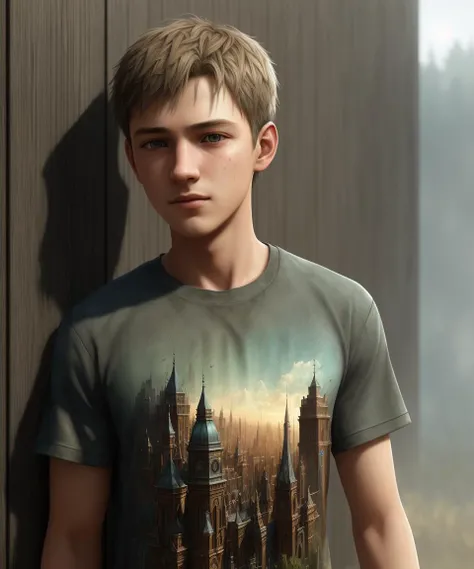 Boy 15 years old in a dark gray t-shirt, next to a wooden wall, day, hyper_realistic, high_detail, skin texture, epic realistic, (dark shot:1.22), neutral colors, (hdr:1.4), (muted colors:1.4), (intricate), (artstation:1.2), dramatic, intricate details, (technicolor:0.9), detailed, [[rutkowski]], intricate, cinematic, detailed, (dark shot:1.17), epic realistic, faded, ((neutral colors)), art, (hdr:1.5), (muted colors:1.2), hyperdetailed, (artstation:1.5), cinematic, warm lights, dramatic light, (intricate details:1.1), complex background, (rutkowski:0.8), (teal and orange:0.4)