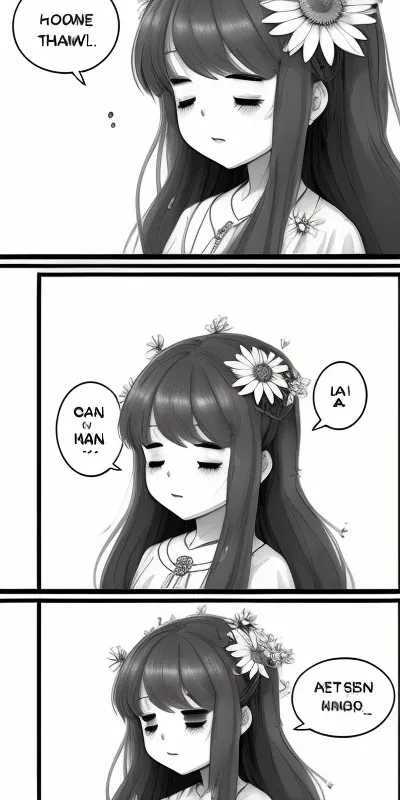 4-koma, 1girl, 3koma, :3, >_<, closed_eyes, closed_mouth, comic, daisy, english_text, flower, greyscale, hair_flower, hair_ornament, jewelry, korean_text, lily_\(flower\), long_hair, pout, speech_bubble, white_flower