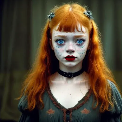 sadie sink, in la bete movie, by Walerian Borowczyk, erotic, 1girl, bangs, blue_eyes, blurry, choker, facepaint, facial_mark, freckles, lips, long_hair, looking_at_viewer, makeup, realistic, red_lips, solo, upper_body