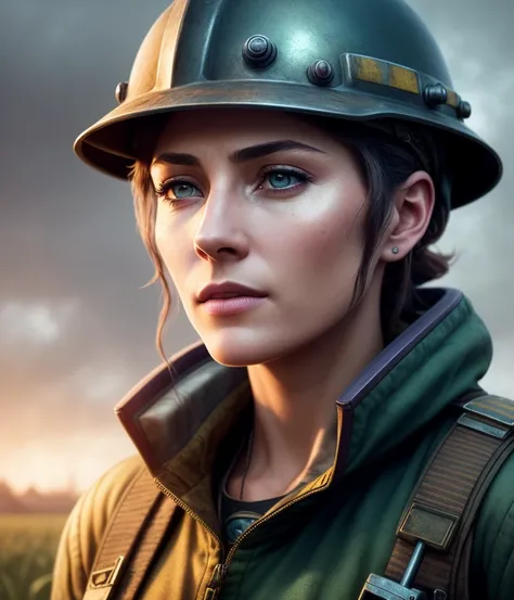 Woman 40 years old in the afternoon on an alien meadow in a miner's uniform and helmet, holding a pickaxe in her hand, 4k textures, hdr, photorealistic, intricate details, one, confident look, close up, ultra realistic, behind the field, epic realistic, (dark shot:1.22), neutral colors, (hdr:1.4), (muted colors:1.4), (intricate), (artstation:1.2), dramatic, intricate details, (technicolor:0.9), detailed, [[rutkowski]], intricate, cinematic, detailed, ((intricate details)), hdr, ((intricate details, hyperdetailed))