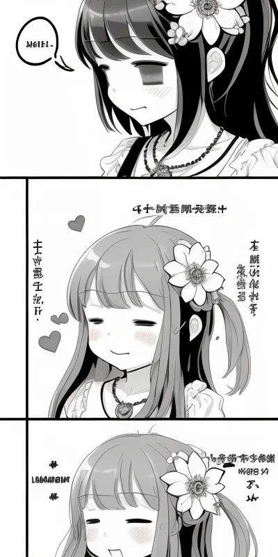 4-koma, !?, 2girls, ^_^, bangs, black_hair, blush, closed_eyes, comic, flower, greyscale, hair_flower, hair_ornament, long_hair, multiple_girls, necklace, short_sleeves, smile, spot_color