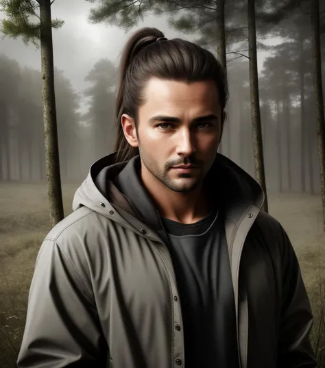 Male, 33 years old, in a gray raincoat, with brown hair and a ponytail, maximum details, hdr, in a field with a small forest behind, epic realistic, (dark shot:1.22), neutral colors, (hdr:1.4), (muted colors:1.4), (intricate), (artstation:1.2), dramatic, intricate details, (technicolor:0.9), detailed, [[rutkowski]], intricate, cinematic, detailed, ((intricate details)), hdr, ((intricate details, hyperdetailed))