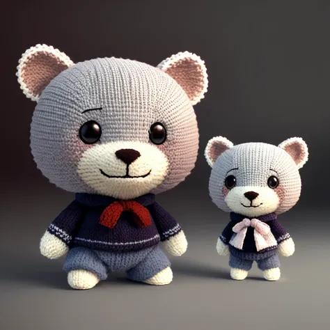 middle range concept  of video game character [bear : hare : hedgehog: 10: 15: 15], smiling flat knitted face with eyebrows, (small nose:1.1), big round ears, detailed texture, holding a gift, dynamic pose,  all made from knitted from woolen threads,  fog, intricately detailed, meticulous, magnificent, maximum details, extremely hyper aesthetic, correct shadows, hdr, (dim pale light:1.2), vignette, HDR, dusk atmosphere, Unreal Engine 5, style of LittleBigPlanet, Octane Render, digital art,