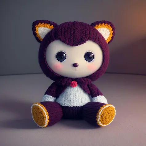 middle range concept  of video game character [bear | hare | hedgehog], thin legs, big head, (doll eyes:1.4), smiling flat knitted face with eyebrows, (small nose:1.1), big round ears, detailed texture, dynamic pose, puppet flower bed,  all made from knitted from woolen threads,  fog, intricately detailed, meticulous, magnificent, maximum details, extremely hyper aesthetic, correct shadows, hdr, (dim pale light:1.2), vignette, HDR, dusk atmosphere, Unreal Engine 5, style of Little Big Planet, Octane Render, digital art
