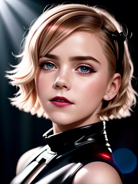 Kiernan Shipka as Sabrina Spellman, short curls hair like boy, goth makeup, red hair band
atmospheric lights, god rays, perfect female face, ultradetailed, with black stripes, detailed skin, ultra realistic, bokeh, sharp features, 
raw photo, shallow depth of field, hdr, 8k, cinematic, ultradetaled eyes, ultra realism, hyper realism soft light,