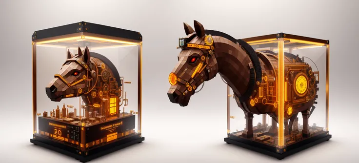 knollingcase, isometic render, a steampunk horse head, isometric display case, knolling teardown, transparent data visualization infographic, high-resolution OLED GUI interface display, high contrast, micro-details, octane render, photorealism, photorealistic