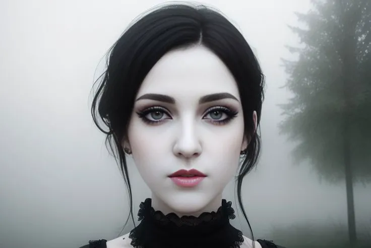 realistic, masterpiece, (full body) photograph of beautiful woman, (amazing body), pale skin, black hair, (wearing top and skirt), (emo, e-girl aesthetic), pubic hair, (makeup, eyeliner, eyeshadow), mist, (surrounded by fog:1.5) (detailed facial features), (perfect face), ((detailed)), ((photorealistic:1.4)),