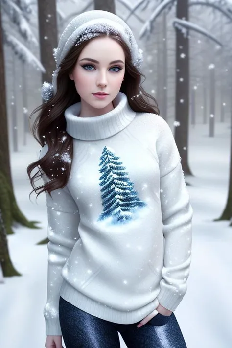 realistic, masterpiece, professional photograph of beautiful woman, (amazing body), pale skin, dark hair, (blue eyes), (detailed facial features), (perfect face), (makeup, eyeliner, eyeshadow), (wearing sweater and leggings), outdoors, forest, (snowing:1.5), standing, ((detailed)), ((extremely detailed)), ((photorealistic:1.4)), (film grain),