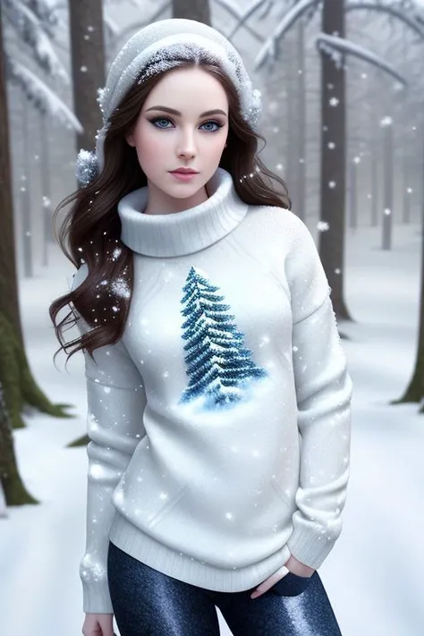 realistic, masterpiece, professional photograph of beautiful woman, (amazing body), pale skin, dark hair, (blue eyes), (detailed facial features), (perfect face), (makeup, eyeliner, eyeshadow), (wearing sweater and leggings), outdoors, forest, (snowing:1.5), standing, ((detailed)), ((extremely detailed)), ((photorealistic:1.4)), (film grain),