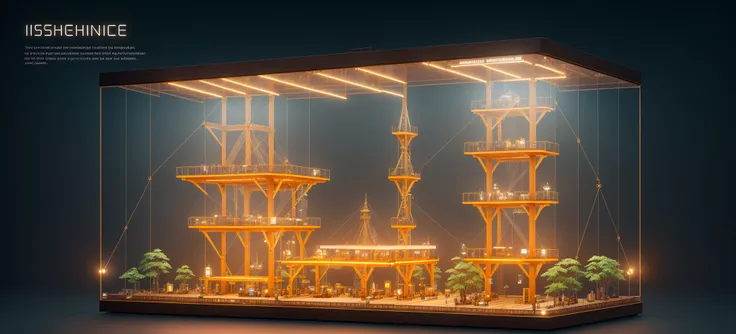 steampunk,knollingcase, isometic render,Steel cable cable-stayed bridge,crane,isometric display case, knolling teardown, transparent data visualization infographic, high-resolution OLED GUI interface display, high contrast, micro-details, octane render, photorealism, photorealistic