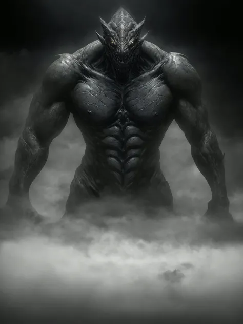 chest portrait, giant ctulhu monster in (heavy fog:1.6), dynamic pose, (rim light:1.3), barely visible silhouette, glowing eyes, (heavy fog:1.2), (cinematic:1.4), (dof:1,4), soothing tones, hyperdetailed, low contrast, hdr, gray atmosphere, lightroom