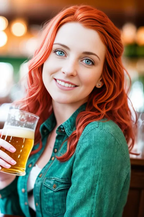 middle range portrait of grown woman sitting in a pub drinking beer wearing a translucent unbuttoned shamrock shirt, plunging neck line, soft manicure, [Anna De Armas |  Bella Thorne | Natalie Dormer], holding a beer mug, smiles shyly, gorgeous detailed green eyes, messy (pale-red hair:1.2), dynamic pose, (ultra realistic skin:1.2), (detailed eyes:1.2), detailed fingers, seductive look at viewer, (intricately detailed), wide angle shot, full shot, side facing shot, perfect shading, cinematic composition, elaborate, vignette, cinematic lighting, photo realistic, professional photo, sharp focus, bokeh, (photo quality:1.4)