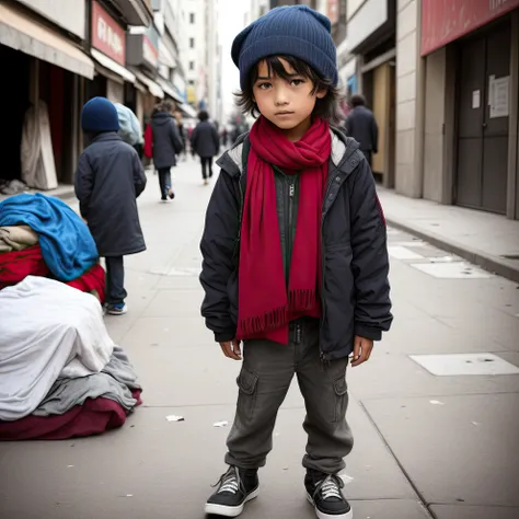 photoshoot style. a homeless child in crowded street