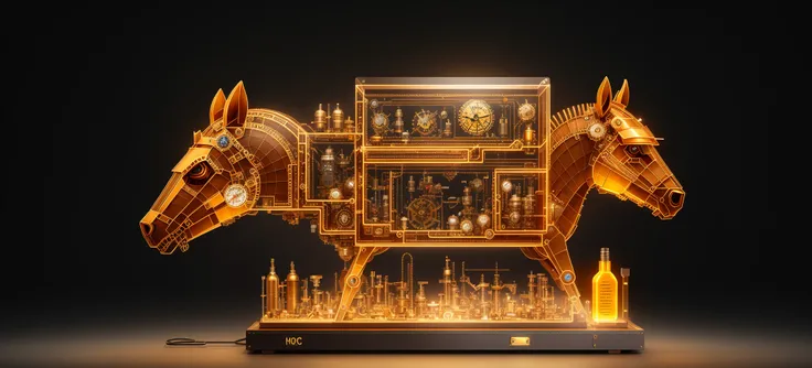 steampunk,knollingcase, isometic render, a steampunk horse head, isometric display case, knolling teardown, transparent data visualization infographic, high-resolution OLED GUI interface display, high contrast, micro-details, octane render, photorealism, photorealistic
