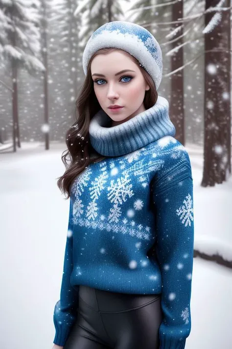 realistic, masterpiece, professional photograph of beautiful woman, (amazing body), pale skin, dark hair, (blue eyes), (detailed facial features), (perfect face), (makeup, eyeliner, eyeshadow), (wearing sweater and leggings), outdoors, forest, (snowing:1.5), standing, ((detailed)), ((extremely detailed)), ((photorealistic:1.4)), (film grain),