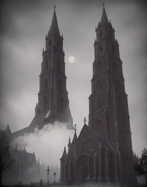a church, gothic, dark, steampunk, foggy, night, inspired by bloodborn,