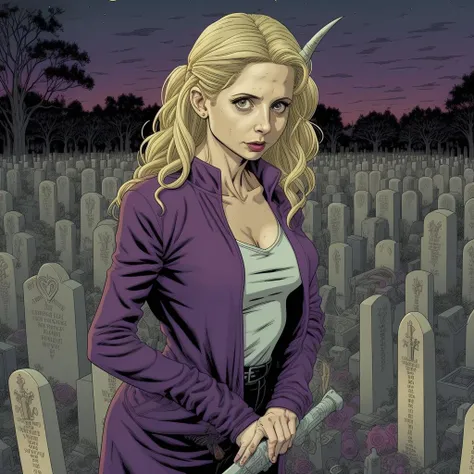 25 year old Sarah Michelle Gellar as buffy the vampire slayer, in cementery, at night, by geof darrow