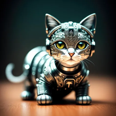 a cute kitten made out of metal, (cyborg:1.1), ([tail | detailed wire]:1.3), (intricate details), hdr, (intricate details, hyperdetailed:1.2), cinematic shot, vignette, centered