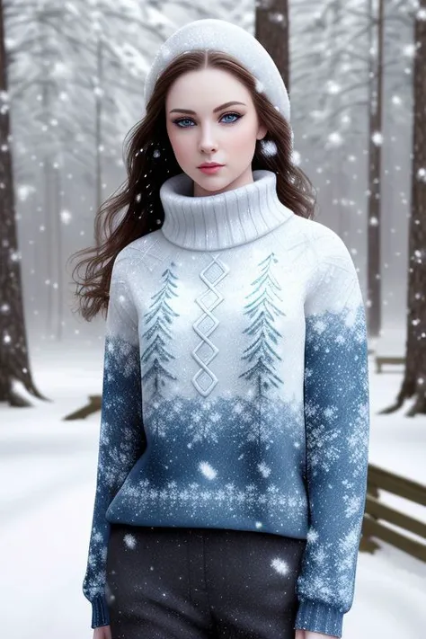 realistic, masterpiece, professional photograph of beautiful woman, (amazing body), pale skin, dark hair, (blue eyes), (detailed facial features), (perfect face), (makeup, eyeliner, eyeshadow), (wearing sweater and pants), outdoors, forest, (snowing:1.5), standing, ((detailed)), ((extremely detailed)), ((photorealistic:1.4)), (film grain),