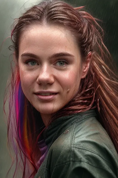 (Masterpiece Photo:1.3) of (Ultrarealistic:1.3) <lora:Ira_Delib:1.0> a young woman, heavy rain, street, smiling, wet hairs, ponytails, (hdr:1.3), (muted colors:1.2), dramatic, complex background, cinematic, filmic, (rutkowski, artstation:0.8), soaking wet,Highly Detailed,(Agfacolor:1.3)