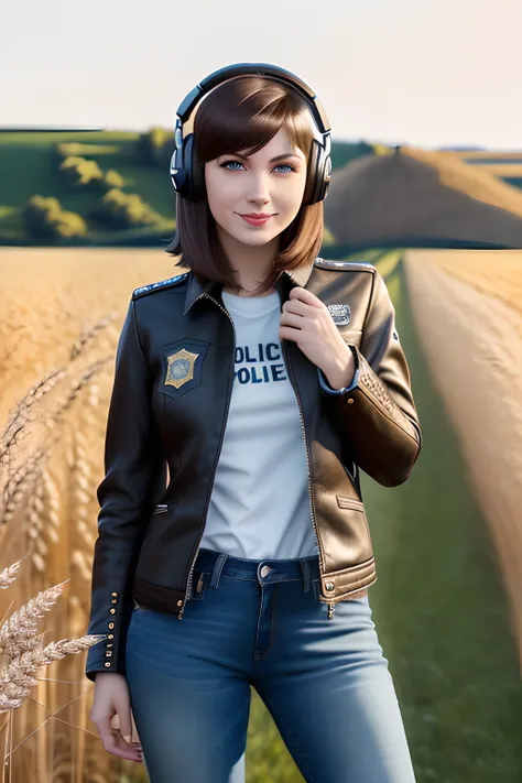 masterpiece, solo, russian woman, 20 years, clothed, jeans, punk shirt, brown shoes, super detailed background, wheat field, detailed face, brown eyes, smile, hands detailed hands, fingers:5, brunette, full body and legs portrait, police black jacket, short hairs, headphones