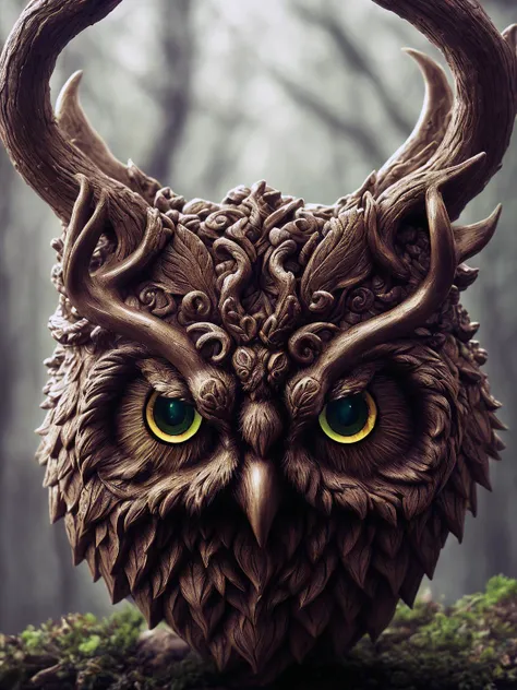 Cernunnos owl, dynamic pose, lightroom, soft light, hdr, dof,intricate, highly detailed