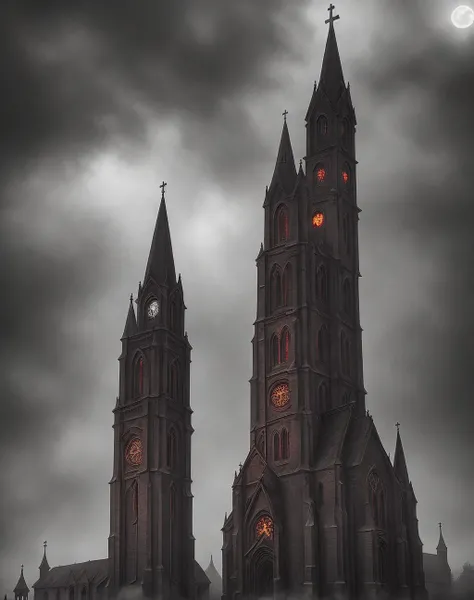 a church, gothic, dark, steampunk, foggy, night, inspired by bloodborn,