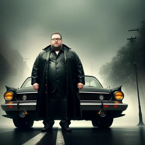 a fat man with glasses and a dark leather raincoat
on the background of the car
(foggy background, epic realistic, rutkowski, hdr, intricate details, hyperdetailed, cinematic, rim light, muted colors:1.2)