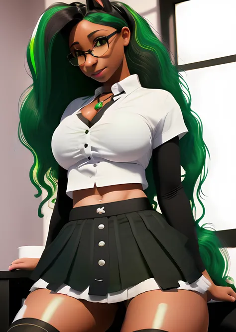 furry,a woman with a horse and a horse in a skirt and shirt sitting on a chair in the office, 1girl, breasts, long_hair, navel, nipples, glasses, (green_hair:1.3), (white_shirt:1.5), (black_skirt:1.4), solo, tail, wavy_hair,(dark skin color:1.4), office_background<hypernet:FurryHorse:1.0>