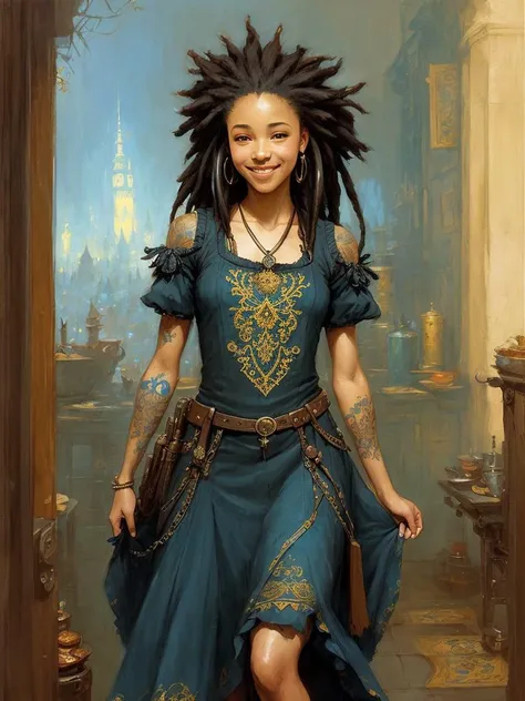 a portrait photo of a black girl, smiling, tattoo, blue dreads, (folk dress:1.3), Ukrainian short dress, pronounced feminine feature, insane details, intricate details, hyperdetailed, complex background, medieval tavern, indoors, professional photography, correct exposure, art by Jeremy Mann and Greg Manchess and Antonio Moro, fantasy, artstation, art by Brian Froud and James Jean and Krenz Cushart