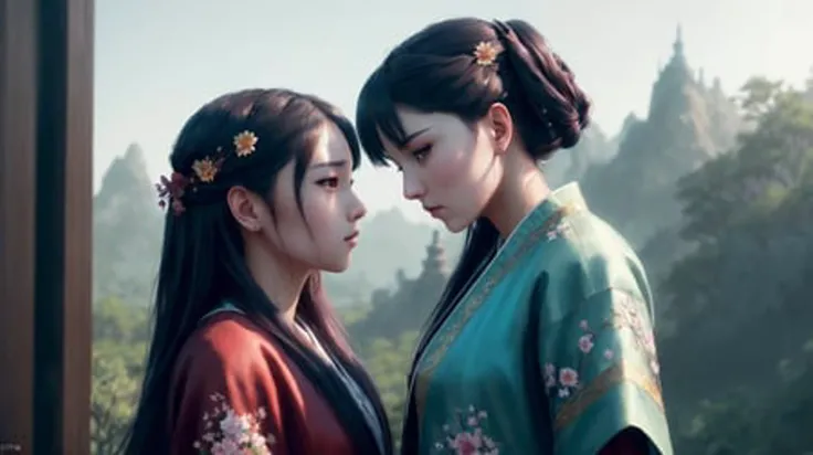 (two women dressed in hanstyle <lora:hanfu_v28:0.4> standing close to each other:1.4), Digital art, glow effects, hand drawn, render, 8k, octane redner, cinema 4d, blender, dark, atmospheric 4k ultra detailed, cimematic sensual, sharp focus, humorous illustration, big depth of field, masterpiece, colors, 3d octane render, 4k, concept art, trending on artstation, hyperrealistic, vivid colors, modelshoot styple, (extremely detailed CG unity 8k wallpaper), professional majestic oil painting by Ed blinkey, Atey Ghailian, Studio Ghibli, by Jeremy Mann, Greg Manchess, Antonio Moro, trending on ArtStation, treding on CGsociety, intricate, High Detail, sharp focus, dramatic, photorealistic painting art by midjourney and greg rutkowski