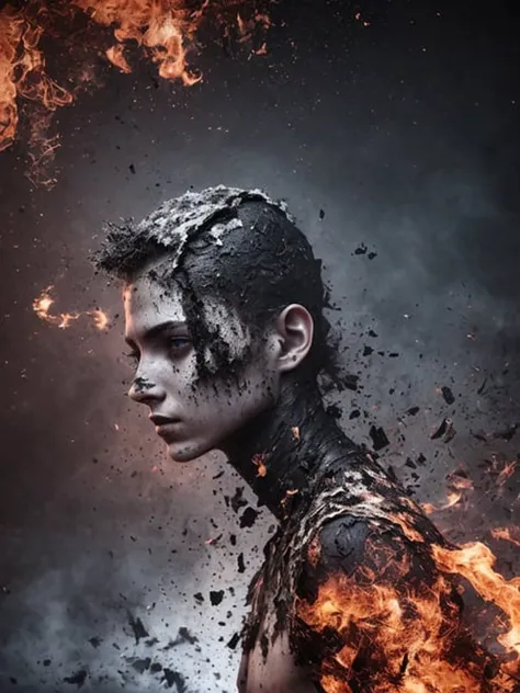 skin from chaos, dark atmosphere, dust explosion inside