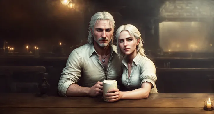 a portrait of a Ciri and Geralt, sitting behind a table, in a old tavern, candles, cup of beer on a table, at night, looking at viewer, (white shirt:1.2), (foggy background, epic realistic, rutkowski, hdr, intricate details, hyperdetailed, cinematic, rim light, muted colors:1.2)